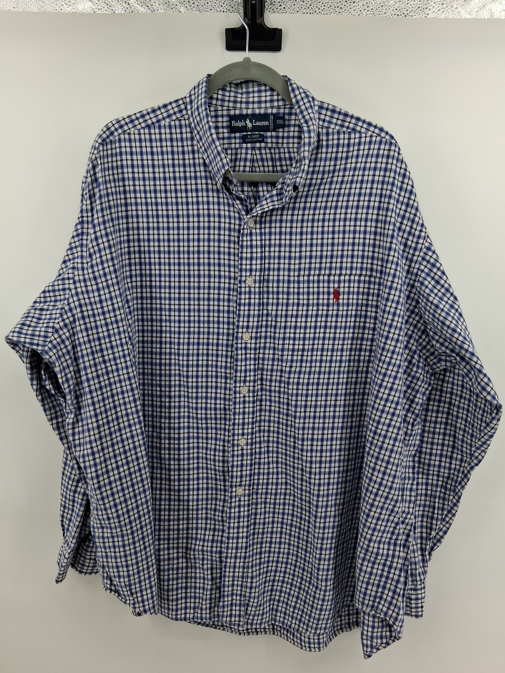 Ralph Lauren Navy and White Gingham Button-Down Shirt with Red Pony